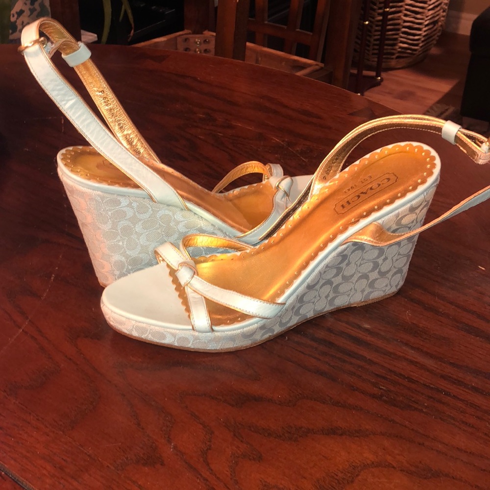 Coach White and Gold Signature Wedge Sandals